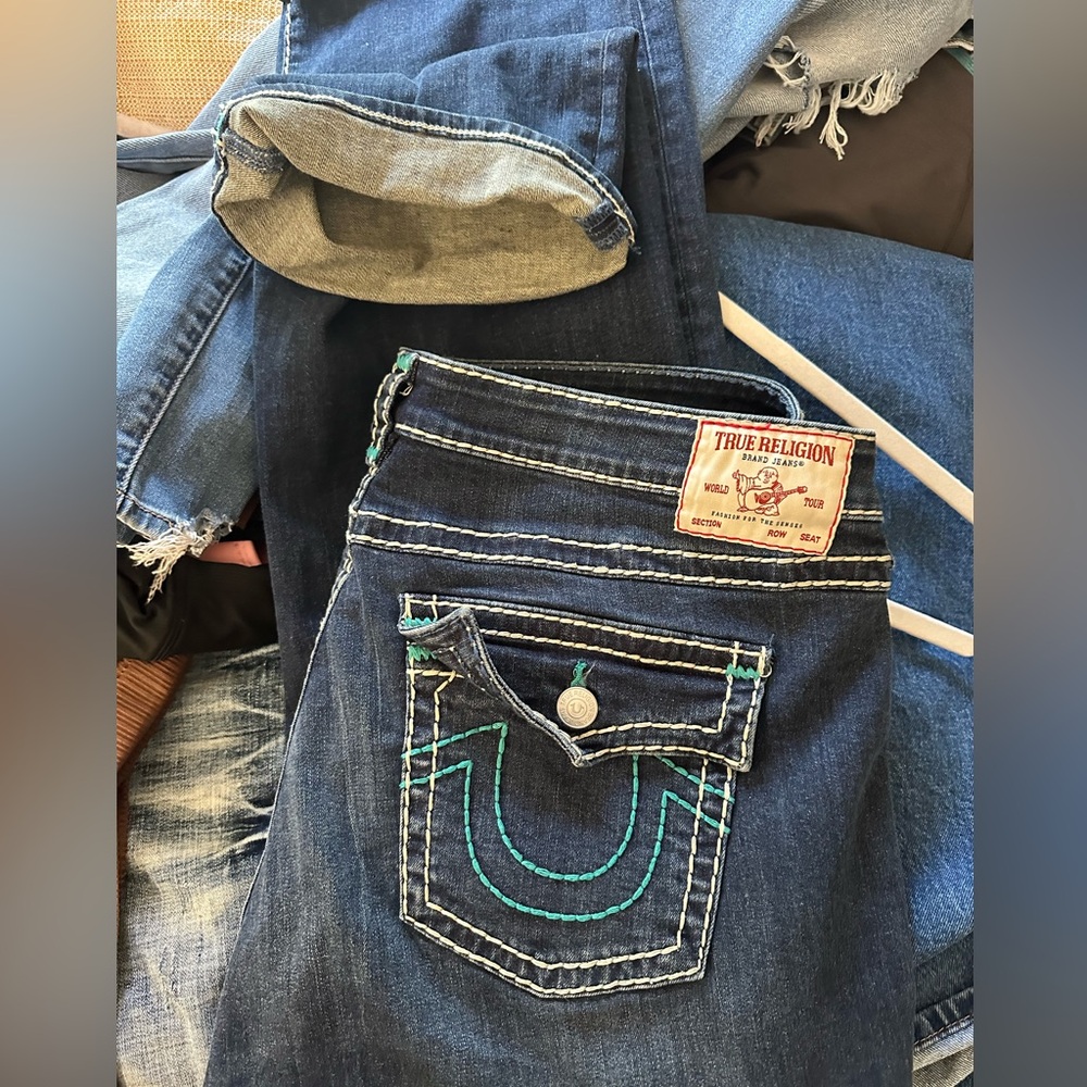 True Religion Blue Boot Cut Jeans with Signature Stitching